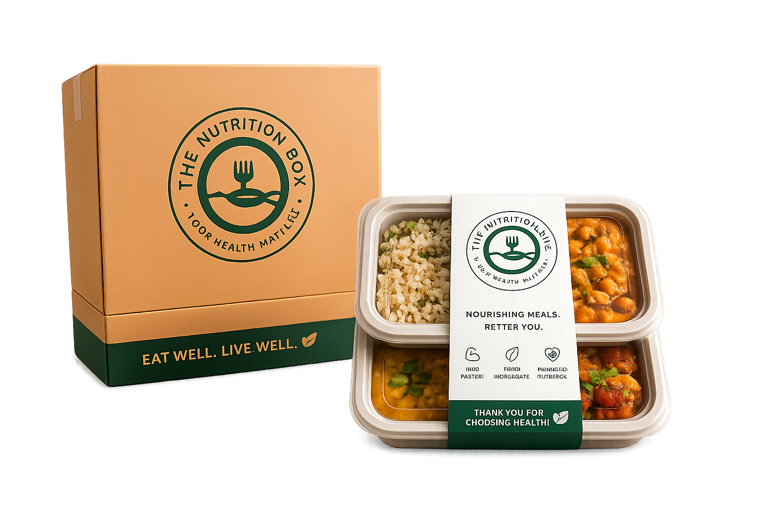 The Nutrition Box delivery box next to a two-tray bento with rice and curries