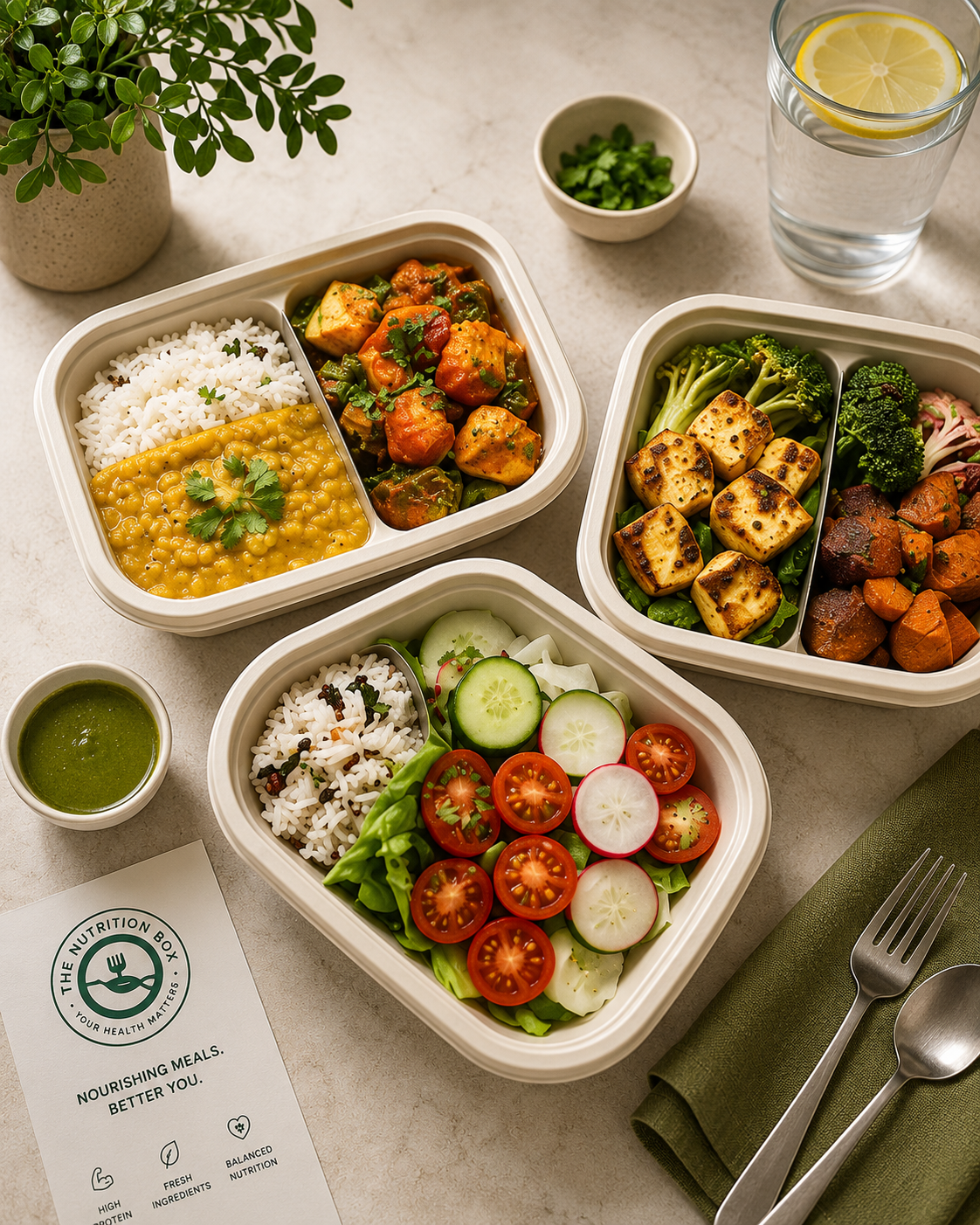 Overhead view of three bento meals with rice, dal, salad, tofu and veggies