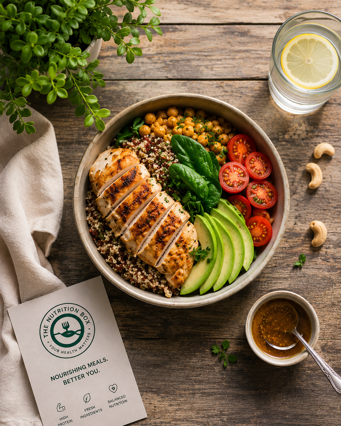 Grilled chicken bowl with quinoa, chickpeas, avocado, spinach and tomatoes